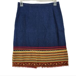 F L Malik Skirt Midi 8 Blue Denim Embroidered Beaded Embellished 29.5x23.5 Boho